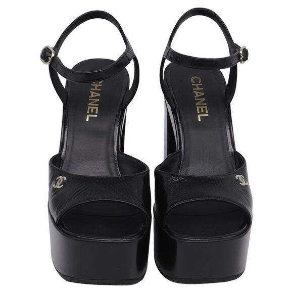 Chanel CC Ankle Strap Platform Sandals in Black Patent Leather - Picture 2 of 8